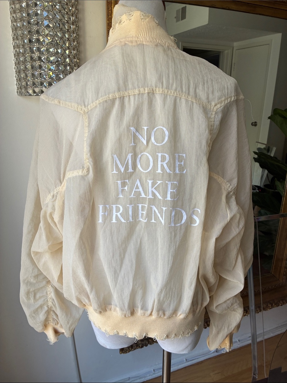 “No more fake friends” logo Women's Lightweight Cream Bomber Jacket small